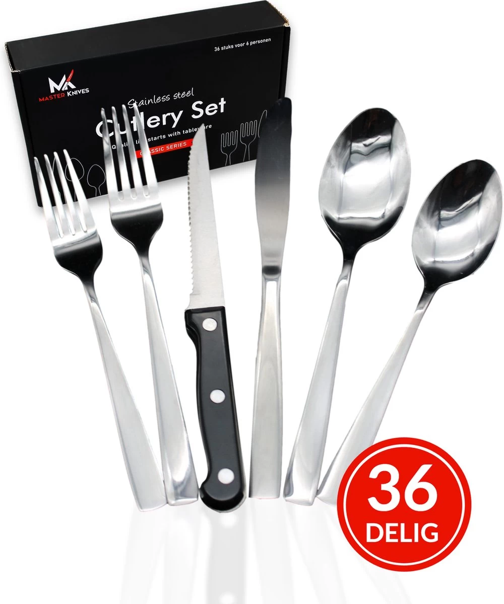 Master Knifes© Couverts Pour 6 Personnes (36 Pièces) - Cuillères, Couteaux, Fourchettes Et Couteaux à Steak - Passe Au Lave-vaisselle - Argent /acier Inoxydable 10 Master Knifes© Couverts Pour 6 Personnes (36 Pièces) - Cuillères, Couteaux, Fourchettes Et Couteaux à Steak - Passe Au Lave-vaisselle - Argent /acier Inoxydable – Image 10
