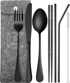 House Of Husk™ - Couverts De Voyage Zwart - Acier Inoxydable - Ensemble De Couverts De Voyage - Baguettes - Baguettes - Pailles Réutilisables Avec Brosse - Unique - 7 Pièces - Lavable Au Lave-vaisselle - Baguettes à Sushi - Nouilles