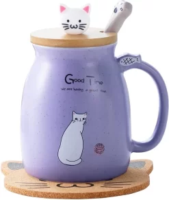 Mug Chat Mignon Tasse à Café En Céramique Avec Kitty Couvercle De Chaton Cuillère En Acier Inoxydable, Nouveauté Matin Tasse Thé Lait Tasse De Noël Cadeau 380 Ml (violet)