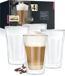 Set De Verres 4 X 480 Ml Verres à Latte Macchiato à Double Paroi - Verres à Double Paroi Pour Café, Thé, Long Drinks Ou Dessert - Passent Au Lave-vaisselle