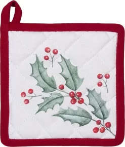 Clayre & Eef Pot Holder Enfant 16*16 Cm Wit, Feuilles De Houx En Katoen Rouge, Renne Carré Drain Pot Holder