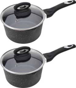 2x Casseroles Noires Avec Couvercle En Verre 18 Cm - Ustensiles De Cuisine - Ustensiles De Cuisine - Cuisson - Casseroles - Casseroles / Casseroles - Casseroles Et Poêles En Aluminium