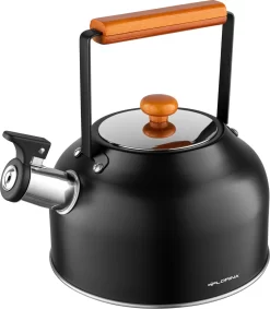 Bouilloire Sifflante Florina Tokyo Acier Inoxydable Noir Mat 2,5 Litre - Convient à Tous Feux Dont Induction - Manche En Bois Massif - Design Japonais - Bouilloire