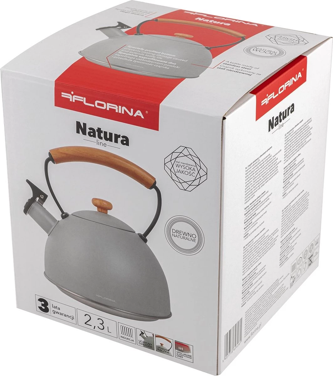 Bouilloire à Sifflet Florina Natura Line Acier Inoxydable Gris Mat 2,3 Litres - Convient à Toutes Les Sources De Chaleur - Style Scandinave - Manche En Bois Massif 2 Bouilloire à Sifflet Florina Natura Line Acier Inoxydable Gris Mat 2,3 Litres - Convient à Toutes Les Sources De Chaleur - Style Scandinave - Manche En Bois Massif – Image 2