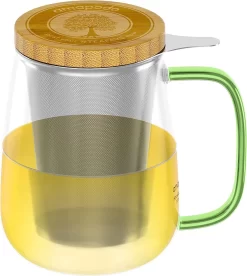 Amapodo Verre à Thé Avec Couvercle Et Passoire - Tasse à Thé En Verre Grand 700ml - Tasse à Thé Jumbo - Ensemble De Verres à Thé XXL Avec Poignée Vert - Sans Plastique
