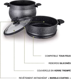 Royalty Line Couscous Pan - Cuiseur Vapeur - 9 Litres - Pour Tous Feux - Couscoussier Avec Poignées Froides - Aluminium - Cuiseur Vapeur Riz Et Légumes Avec Couvercle En Verres - Zwart -Fournitures De Cuisine Boutique 1077x1200
