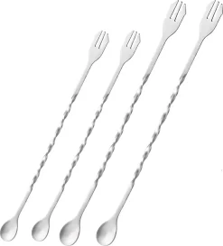 Set De 4 - Cuillères De Bar Professionnelles - Cuillères À Cocktail Double Tête En Acier Inoxydable - Mélangeur Fourchette Cuillères - Fourchette De Barman Torsadée - Acier - 26cm / 32cm - Argent