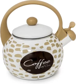 Meyerhoff Bouilloire Sifflante Théière Look Coffee Time émail Blanc Marron 2,2 Litres - Convient à Tous Feux Dont Induction - Design Rétro Exclusif - émaillé - Impression Unique