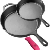 Ensemble De 2 Poêles En Fonte (8 Pouces Et 12 Pouces) Avec Revêtement En émail Noir Mat - Supports En Silicone Résistant à La Chaleur Inclus. Idéal Pour Une Utilisation Intérieure Et Extérieure, Va Au Four