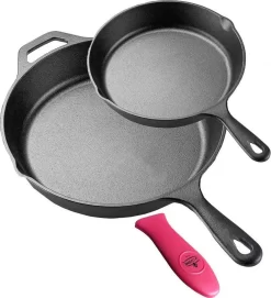 Ensemble De 2 Poêles En Fonte (8 Pouces Et 12 Pouces) Avec Revêtement En émail Noir Mat - Supports En Silicone Résistant à La Chaleur Inclus. Idéal Pour Une Utilisation Intérieure Et Extérieure, Va Au Four