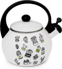 Meyerhoff Bouilloire Sifflante Théière Look Cactus émail Blanc Noir 2,2 Litres - Convient à Tous Feux Dont Induction - Design Rétro Exclusif - émaillé - Impression Unique