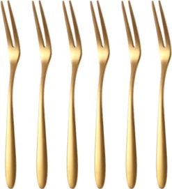 House Of Husk™ Golden Fourchettes à Dessert - Double Face - Tiges De Cocktail Sticks - Réutilisable - Fruit - Snack - Fourchettes - Fourchettes à Gâteau - Acier Inoxydable - Or - Set De 6 -Fournitures De Cuisine Boutique 1093x1200