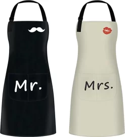 2 Pièces Tabliers De Cuisine, Tabliers De Chef, Tabliers Imperméables Réglables Pour Hommes Femmes, Tablier De Couple Comme Cadeau Pour Mariage, Fiançailles, Saint Valentin, Fête Des Vaderdag, Fête Des Mères (noir Et Beige)