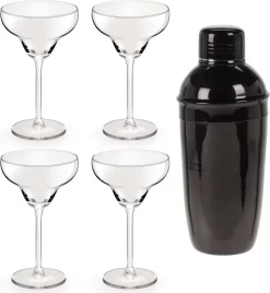 4x Verres à Verres à Cocktail / Verres à Margarita Transparents 300 Ml + Shaker à Cocktail Noir 500 Ml En Acier Inoxydable - Réaliser Des Cocktails - Tasses à Mix/ Shaker
