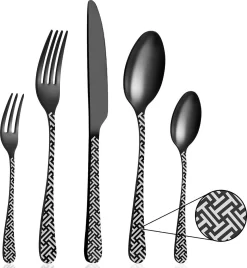 BEWOS 30 Pièces Finition Satinée, Noir, Mat, Acier Inoxydable, Couverts Avec Couteau, Fourchette, Cuillère, Vaisselle Pour 6 Personnes, Va Au Lave-vaisselle / Facile à Nettoyer