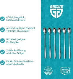 Set De 6 Cuillères à Latte Macchiato 22 Cm - Cuillère Longue Pour Cocktails Et Desserts - Acier Inoxydable Poli - Passe Au Lave- Safe -Fournitures De Cuisine Boutique 1110x1200