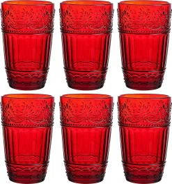 ARTICLES MÉNAGERS COMPLETS | Gobelets En Verres | Set De 6 Verres à Boire | Motif En Relief De 11 Oz | Gobelets Pour Eau, Thé Glacé, Jus (rouge)