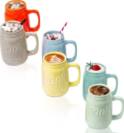 Set De 6 Nieuwe Tasses Avec Poignée - Tasses En Céramique Multicolores Pour Café, Thee Et Plus - Tasses Décoratives En Relief "Drink" De 15 Oz Pour Bières - Decor De Cuisine De Ferme.