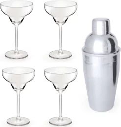 4x Verres à Verres à Cocktail / Verres à Margarita Transparents 300 Ml + Shaker à Cocktail Semi-mat 550 Ml En Acier Inoxydable - Réalisation De Cocktails - Tasses à Mix/secouer