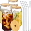 Verres En Canette Aliya - Set De 4 - Avec Couvercle En Bambou - 480 Ml / 48 Cl - Verres à Café - Transparent - Passe Au Lave-vaisselle - Paille En Verres - Très Haute Qualité