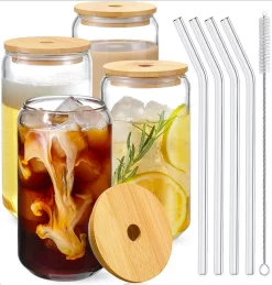 Verres En Canette Aliya - Set De 4 - Avec Couvercle En Bambou - 480 Ml / 48 Cl - Verres à Café - Transparent - Passe Au Lave-vaisselle - Paille En Verres - Très Haute Qualité