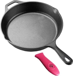 Poêle En Fonte De 12 Pouces Avec Revêtement En émail Noir Mat - Supports En Silicone Résistant à La Chaleur Inclus. Idéal Pour Une Utilisation Intérieure Et Extérieure, Passe Au Four.