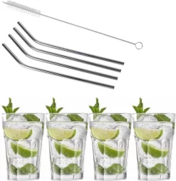 4x Verres à Verres à Cocktail / Verres à Mojito Transparents 410 Ml - Y Compris 4x Pailles Réutilisables En Acier Inoxydable