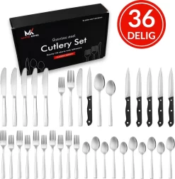 Master Knifes© Couverts Pour 6 Personnes (36 Pièces) - Cuillères, Couteaux, Fourchettes Et Couteaux à Steak - Passe Au Lave-vaisselle - Argent /acier Inoxydable