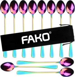 Fako Bijoux® - 12 Cuillères Longues - Latte Macchiato - Long Drink - Cocktail - Dessert - Glace - Café - Arc-en-ciel - 12 Pièces - Sac De Rangement