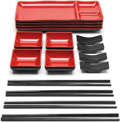 GOLIBER Set De Plats à Sushi Japonais En Mélamine Noir (16 Pièces) - Contient 4 Plats Noirs, 4 Saucières, 4 Baguettes Et 4 Plateaux à Baguettes - Set De Plats Asiatiques (Rouge)