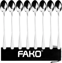 Fako Bijoux® - 8 Cuillères Longues - Latte Macchiato - Long Drink - Cocktail - Dessert - Glace - Café - Argent - 8 Pièces - Sac De Rangement