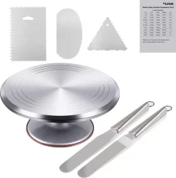 Plateau Tournant Pour Gâteau De 12 Pouces Avec Spatules De Glaçage En Acier Inoxydable (2 Pièces) Et Lisseur En Poudre (3 Pièces) Pour La Cuisson, La Décoration De Gâteaux, La Pâtisserie