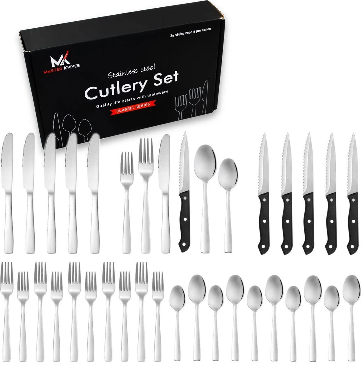 Master Knifes© Couverts Pour 6 Personnes (36 Pièces) - Cuillères, Couteaux, Fourchettes Et Couteaux à Steak - Passe Au Lave-vaisselle - Argent /acier Inoxydable 7 Master Knifes© Couverts Pour 6 Personnes (36 Pièces) - Cuillères, Couteaux, Fourchettes Et Couteaux à Steak - Passe Au Lave-vaisselle - Argent /acier Inoxydable – Image 7