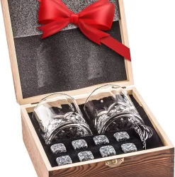 Onirique - Ensemble à Whisky De Luxe - Whisky - Verres à Whisky Dans Un Coffret Cadeau De Luxe - 2 Verres à Whisky - 8 Pierres De Refroidissement En Granit Et Sac En Velours - Coffret En Bois Fait à La Main