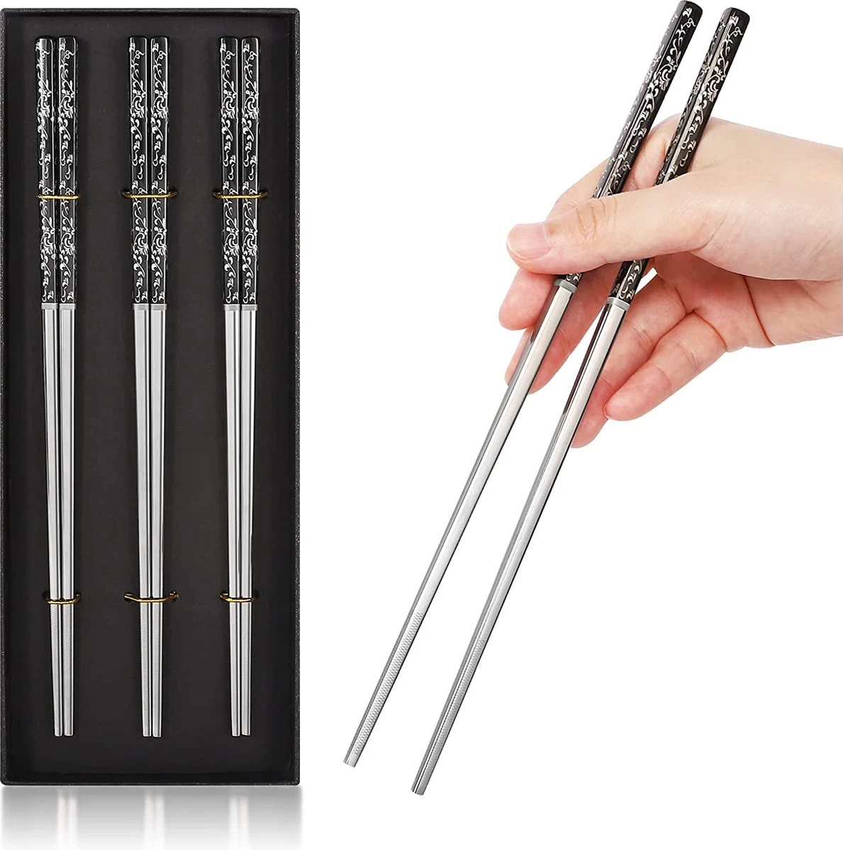 Baguettes En Acier Inoxydable, Réutilisables, Baguettes En Métal Revêtues De Titane, Coffret Cadeau Haut De Gamme Du Japon, Passent Au Lave-vaisselle (noir, 3 Paires) 1 Baguettes En Acier Inoxydable, Réutilisables, Baguettes En Métal Revêtues De Titane, Coffret Cadeau Haut De Gamme Du Japon, Passent Au Lave-vaisselle (noir, 3 Paires)