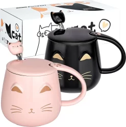 Set De 2 Tasses à Café Chat Mignon Avec Couvercle Et Jolie Cuillère Kitty Nouveauté Thee Du Matin Tasse à Lait Set Pour Les Amoureux Des Chats Filles Femmes Cadeau D'anniversaire De Noël 450 Ml/15 Oz, Zwart Et Rose