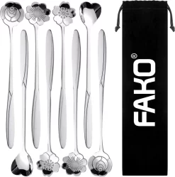 Fako Bijoux® - 8 Cuillères Longues Motif Bloem - Latte Macchiato - Long Drink - Cocktail - Dessert - Glace - Café - Argent - 8 Pièces - Sac De Rangement