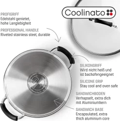 COOLINATO Cocotte En Inox Avec Couvercle En Verre 24 Cm 2,9 L, Cocotte Avec Couvercle Et Anses En Silicone, Passe Au Lave-vaisselle -Fournitures De Cuisine Boutique 1191x1200 2
