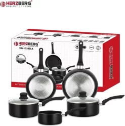 Herzberg: Batterie De Cuisine Moderne 7 Pièces Avec Revêtement En Marbre - Zwart - Sans Rayures - Toutes Sources De Chaleur - Cuisine Saine - Va Au Lave-vaisselle - Avec Couvercles -Fournitures De Cuisine Boutique 1192x1200