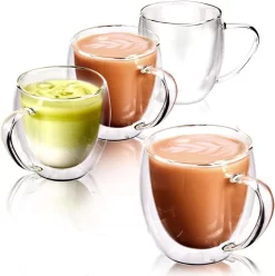 Ensemble De Tasses à Café En Verre à Double Paroi, Verres Isothermes En Verre Transparent Avec Poignées Pour Boissons Chaudes Ou Froides, Par Exemple Café, Latte, Mochiatto, Thé, Ensemble De 4, 250 Ml