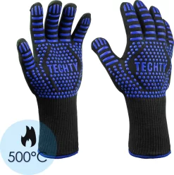 Gants Pour BBQ Et Four Gants Résistants à La Chaleur (2 Pièces) - Jusqu'à 500°C - Siliconen / Antidérapant - Extra Longs - Protection Des Bras - Résistant Aux Coupures - Double Doublure - Blauw