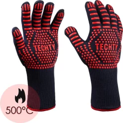 Gants Pour BBQ Et Four Gants Résistants à La Chaleur (2 Pièces) - Jusqu'à 500°C - Siliconen / Antidérapant - Extra Long - Protection Des Bras - Résistant Aux Coupures - Double Doublure - Rouge