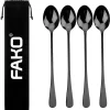 Fako Bijoux® - 4 Longues Cuillères - Latte Macchiato - Long Drink - Cocktail - Dessert - Glace - Café - Noir - 4 Pièces - Sac De Rangement