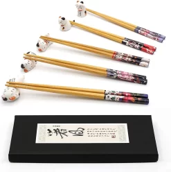 Lucky Cat Baguettes Et Repose-baguettes Avec, 5 Chats, Baguettes Réutilisables Naturelles En Bambou Japonais Classique, Lot De 5 Paires