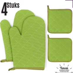 Set De Gants De Four Résistantes à La Chaleur Tavas | 2 Gants De Four Et 2 Maniques | Katoen, Thermolite | Jusqu'à 200°C | Vert