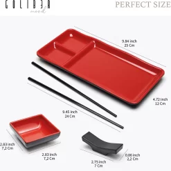 GOLIBER Set De Plats à Sushi Japonais En Mélamine Noir (16 Pièces) - Contient 4 Plats Noirs, 4 Saucières, 4 Baguettes Et 4 Plateaux à Baguettes - Set De Plats Asiatiques (Rouge) -Fournitures De Cuisine Boutique 1197x1200 2