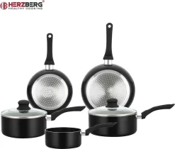 Herzberg: Batterie De Cuisine Moderne 7 Pièces Avec Revêtement En Marbre - Zwart - Sans Rayures - Toutes Sources De Chaleur - Cuisine Saine - Va Au Lave-vaisselle - Avec Couvercles