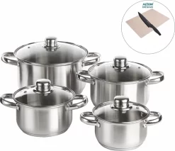Ensemble De Casseroles 8 Pièces Altom Design Vito Avec Planche à Découper Bio Et Couteau De Chef Gratuits - Casserole - Acier Inoxydable - 8 Pièces - Ø 14/16/18/22 Cm - Convient à Toutes Les Sources De Chaleur - Argent