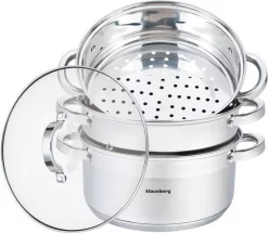 Cuiseur Vapeur - Cuiseur Riz Et Légumes 4 Pièces - Ø 24 Cm - 5L - Acier Inoxydable Avec Couvercle En Verre - FIRENZE