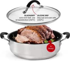 COOLINATO Cocotte En Inox Avec Couvercle En Verre 24 Cm 2,9 L, Cocotte Avec Couvercle Et Anses En Silicone, Passe Au Lave-vaisselle